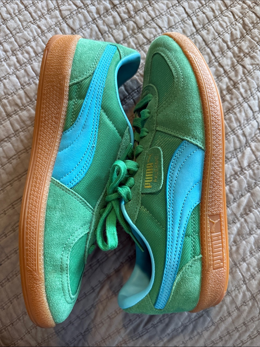 Unisex Puma Palermo Green Suede Sneakers with Light Blue Stripe